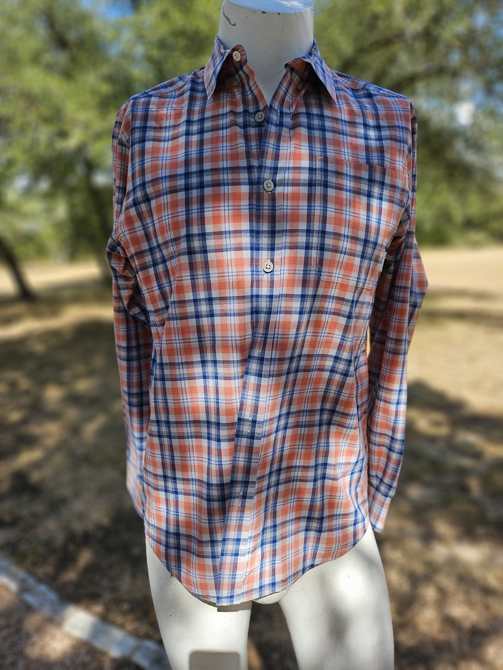 Columbia Orange and Blue Plaid Button-Down 100% Cotton Long Sleeve Shirt S